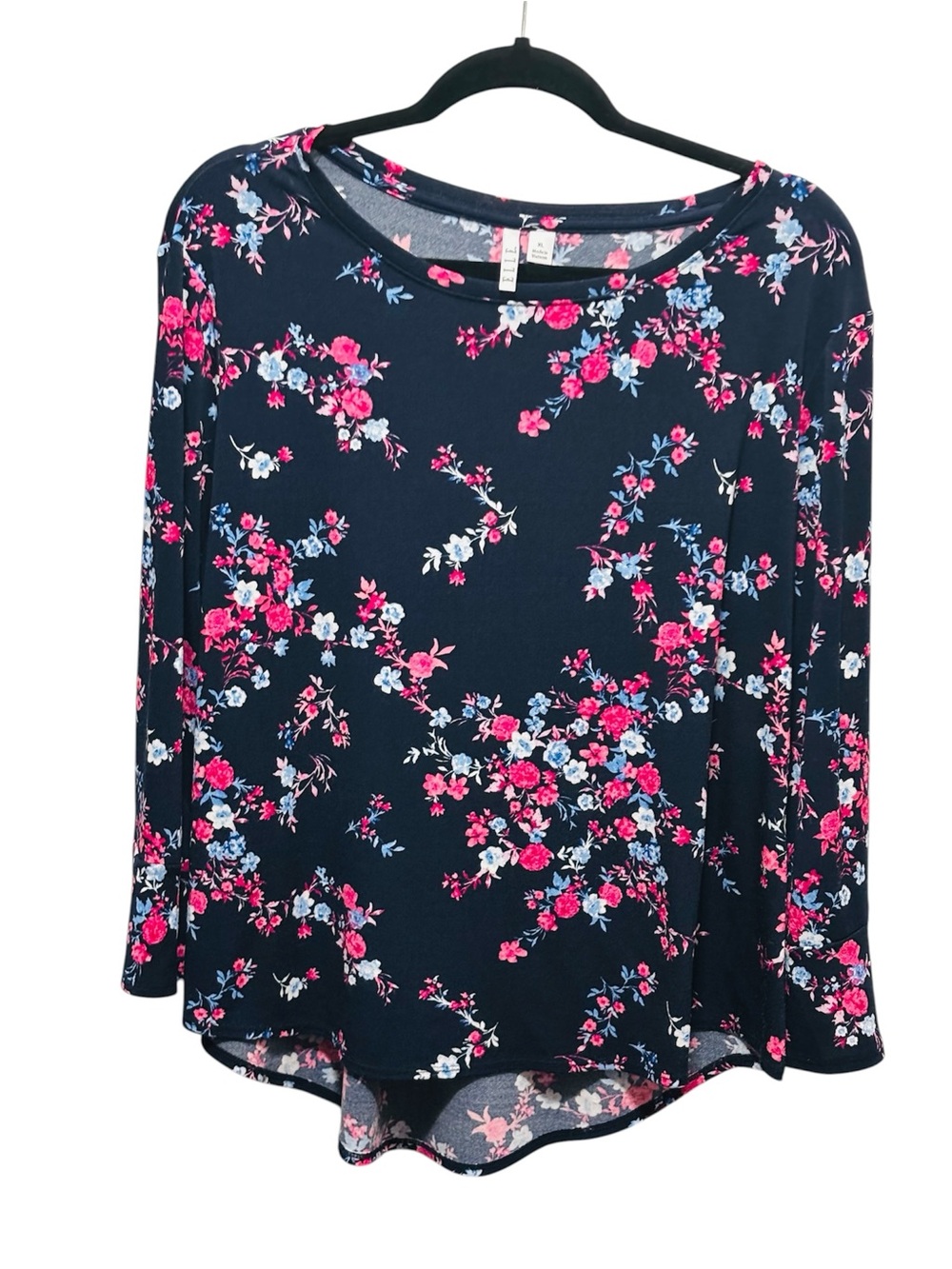 Elle Navy Floral Long-Sleeve Tee with Pink and Light Blue Blooms Size XL